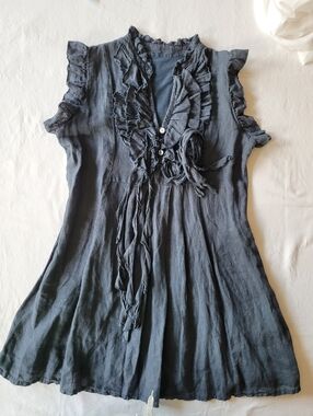 Womens 100% Lino Slate Ruffle Tie-Front Sleeveless Dress  Size L